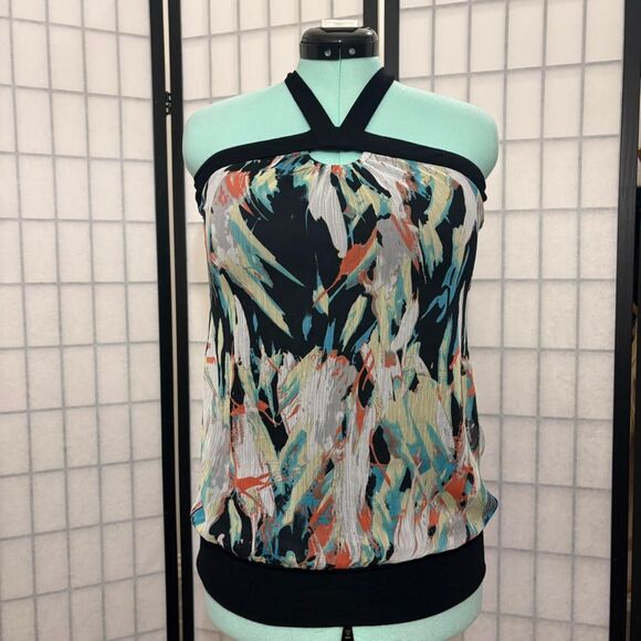 Guess y2k black watercolor halter crossback chiffon blouse - Picture 1 of 7